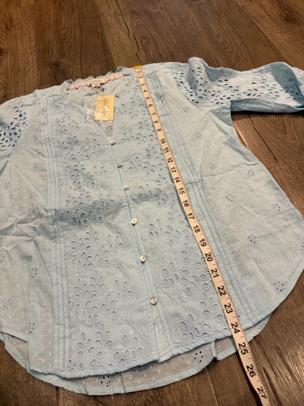Sundance Valeria Eyelet Floral Aqua Button Up Shirt PS Boho Prairie Cottagecore - Picture 10 of 10